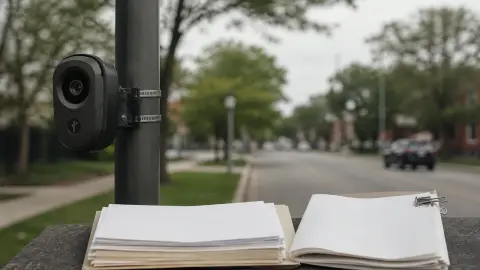 Source-grounded editorial image of a Flock Safety license-plate reader beside non-readable city agenda papers.