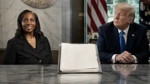 Lisa Cook and Donald Trump shown in a source-grounded editorial composition with a neutral notice packet between them.