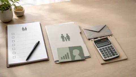 A family finance checklist, folder, calculator and sealed envelope arranged as account-opening checks on a desk