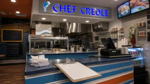 Chef Creole's counter and blue signage shown with a quiet order lane and hiring paperwork that suggests staffing pressure
