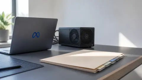 A Meta-branded workstation beside a blank safety-review folder, illustrating local AI access under release oversight.