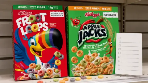 Froot Loops and Apple Jacks cereal boxes staged on a grocery shelf beside a plain label checklist card.