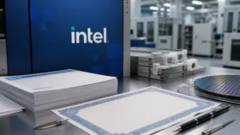 Intel branding appears beside blank financing papers, a silicon wafer and chipmaking equipment