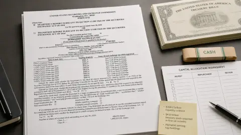 Berkshire Hathaway quarterly report arranged beside cash and allocation papers