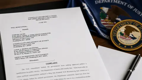 A federal court complaint page shown beside United States Department of Justice seal and flag references in a restrained editorial still life