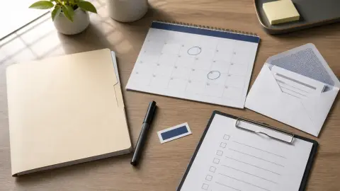 Anonymous loan payoff paperwork, a credit-card statement envelope and a calendar arranged on a desk