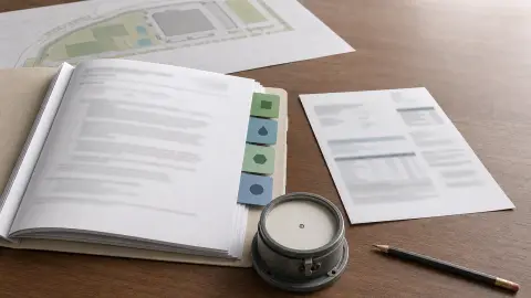 A town approval packet, utility bill, meter, and marked planning papers arranged on a desk.