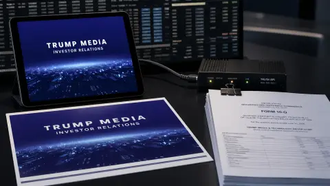 Trump Media investor-relations materials staged beside a data-feed device and quarterly filing papers.