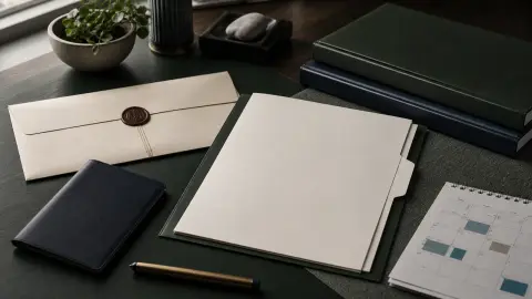 A blank residency folder, bank-transfer envelope, passport cover and calendar staged as an investor-visa decision file.