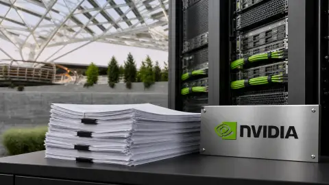Nvidia branding near server hardware and institutional financing documents.