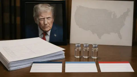 A Trump portrait behind school health paperwork, appointment cards and unlabeled vaccine vials