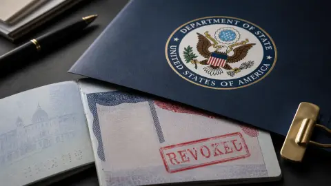 A passport and visa-like document partly tucked under a State Department review folder with a cancellation stamp mark.