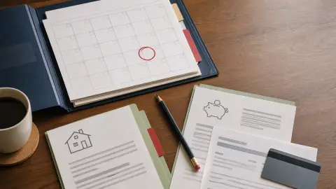A household budget folder, calendar, and rate notice arranged around an upcoming inflation report deadline