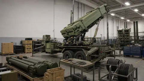 A U.S. Patriot missile launcher in a maintenance bay with factory tooling and supply crates emphasizing interceptor production constraints