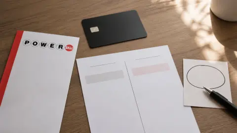 A Powerball-branded ticket decision scene with a payment card and blank payout planning sheet on a desk