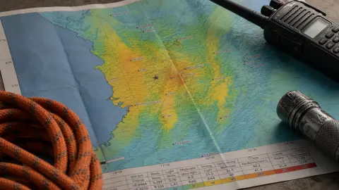 Photo-based editorial composition of the western Colombia earthquake intensity map beside rescue rope, a field radio and a flashlight