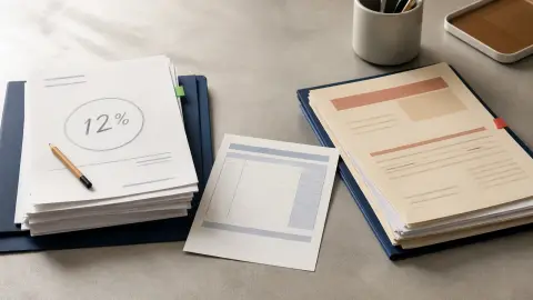 Retirement paperwork and a blank pay stub arranged to show a 12 percent savings tradeoff beside a generic benefit notice.