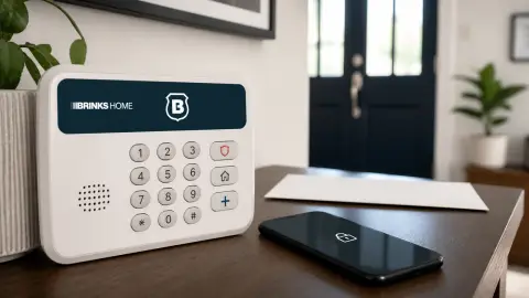 A Brinks Home security keypad beside a locked phone and sealed envelope