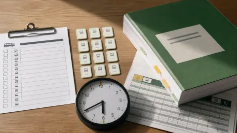 A route checklist, clock and budget packet arranged to show early and late bus trips under review.