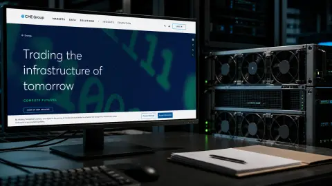 A CME Group compute-futures page displayed beside GPU server hardware in a market-risk workstation