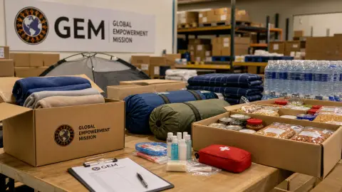 Relief supplies packed in boxes beside a Global Empowerment Mission reference for Colombia earthquake aid.