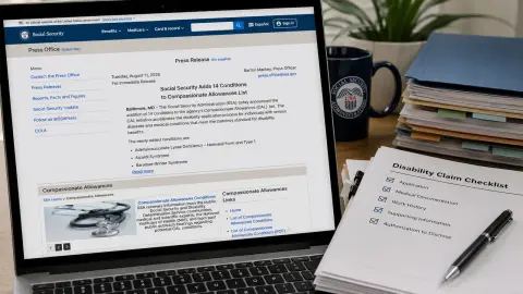 Official Social Security page reference beside a generic disability claim checklist and medical record tabs