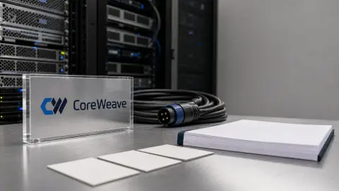 CoreWeave branding beside server hardware, power cable and blank financing papers in a realistic data-center planning scene.
