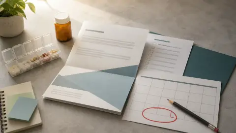 A plan-change packet, calendar, provider checklist, prescription bottle, pill organizer, and pencil arranged for a Medicare coverage review.