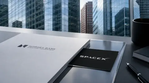 A source-grounded editorial still life showing a SpaceX portfolio card partly visible inside a Norges Bank Investment Management report setting.