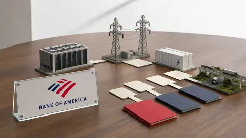 Bank of America branding beside a tabletop model of data-center, power-grid and transportation infrastructure financing.