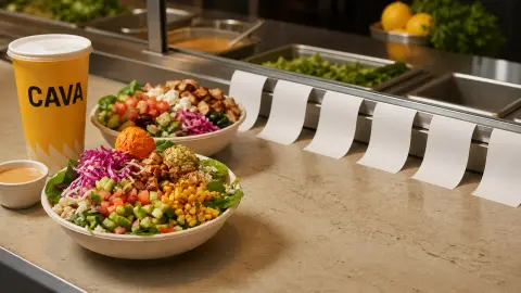 Cava bowls and a branded cup arranged near blank order tickets to show restaurant traffic and menu mix
