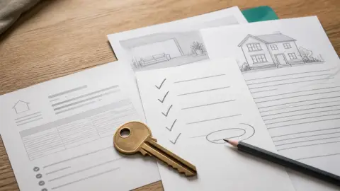 A house key, pencil, and generic mortgage papers arranged as a careful homebuying bid checklist.