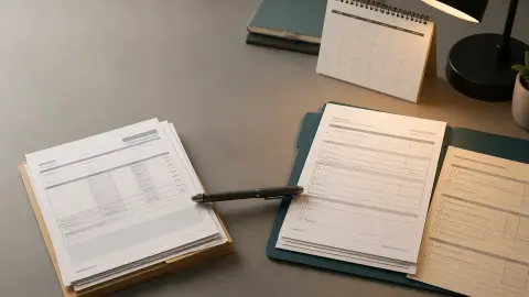 A pay stub, blank W-4 form, pension withholding form, and calendar arranged as a midyear tax withholding check