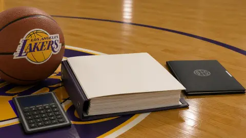 A Lakers-branded basketball identity element sits beside blank ownership and approval paperwork on a court-like tabletop.