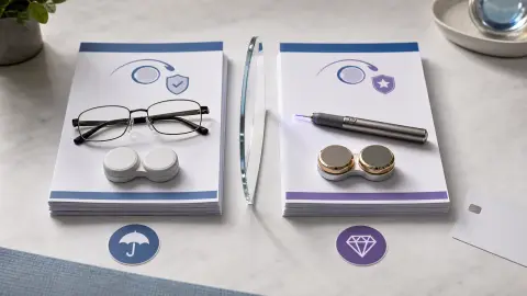 A cataract surgery estimate packet split between standard eyeglasses and optional upgrade items.