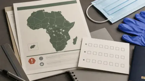 Public-health travel papers, gloves and a monitoring checklist arranged beside a simplified affected-area map.