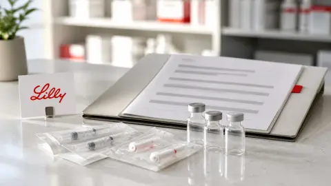 Eli Lilly branding beside sealed injection supplies and redacted compliance paperwork, suggesting scrutiny of unapproved retatrutide sales