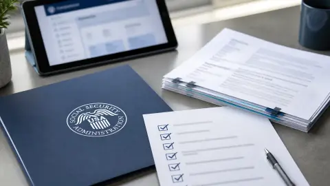 Social Security disability paperwork and a checklist arranged beside an agency-marked folder on a desk.
