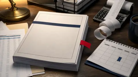 A marked federal budget packet beside ledger pages and a calendar cue for shifted July payments