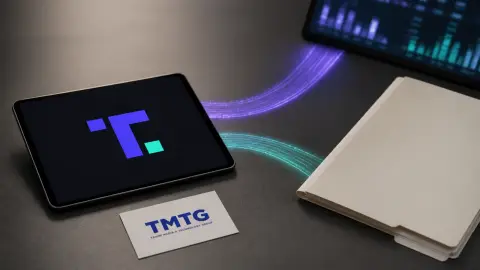 Truth Social and Trump Media & Technology Group branding on a desk beside a legal folder and split data paths suggesting faster paid market access.