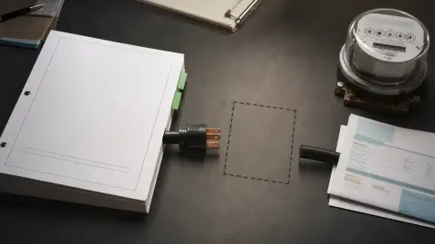 An audit packet, power cable, electric meter and household utility bill arranged as a grid-connection checkpoint.