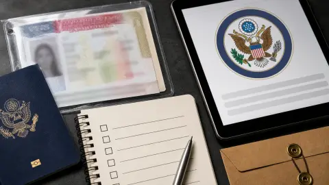 Passport and travel documents beside a U.S. State Department seal, suggesting a visa-status check before travel.