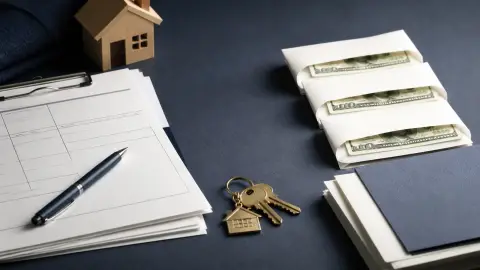 House keys, blank mortgage papers, and separate cash-reserve envelopes arranged as a homebuying stress test.