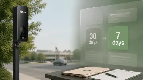 A Flock Safety-style roadside camera beside translucent controls showing a shift from 30 days to 7 days.
