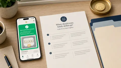 A phone with a Trump Accounts-style contribution screen sits beside blank savings paperwork and comparison folders.