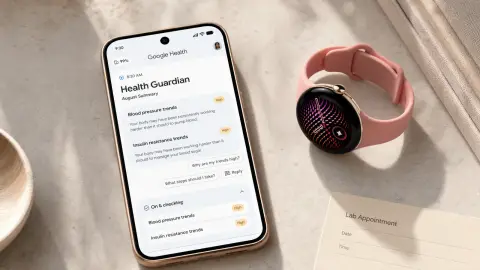 Google Health Guardian shown on a phone beside a Pixel-style watch and a blank lab appointment card.