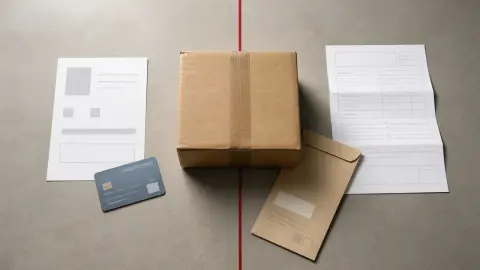 A small parcel crosses a red boundary between a purchase slip and separate customs and carrier charge papers.