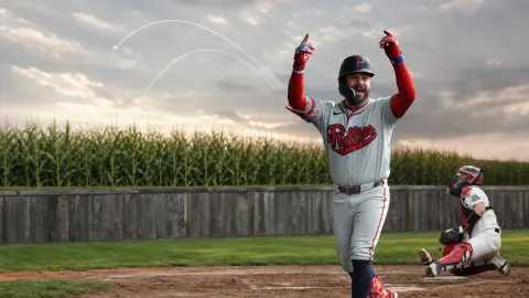 Kyle Schwarber in a gray Phillies retro uniform against the Field of Dreams cornfield with two subtle home-run arc traces