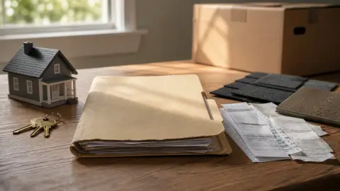 A model house, keys and a worn folder of home-improvement records arranged on a wooden table
