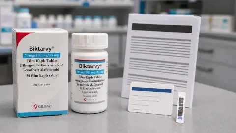 Biktarvy packaging staged at a pharmacy verification checkpoint with U.S. label and temperature-tracking materials